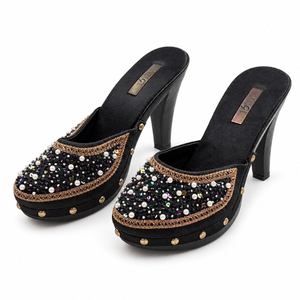Rogue Vintage Y2K Beaded Pearl Sequin Platform Mules High Heels Women's Size 8
